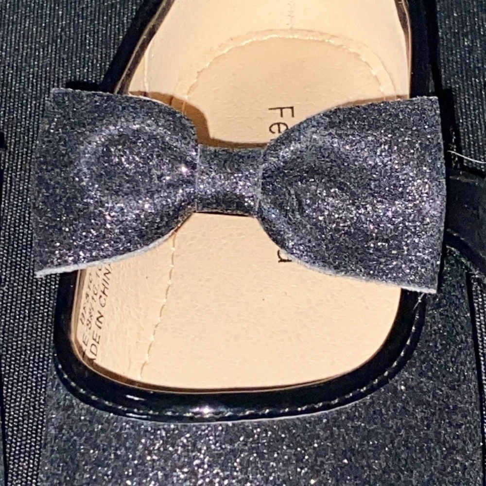 FELIX  & FLORA GIRLS  SIZE 8 BLACK GLITTERY DRESS SHOES HOOK LOOP STRAP W/‎ BOW